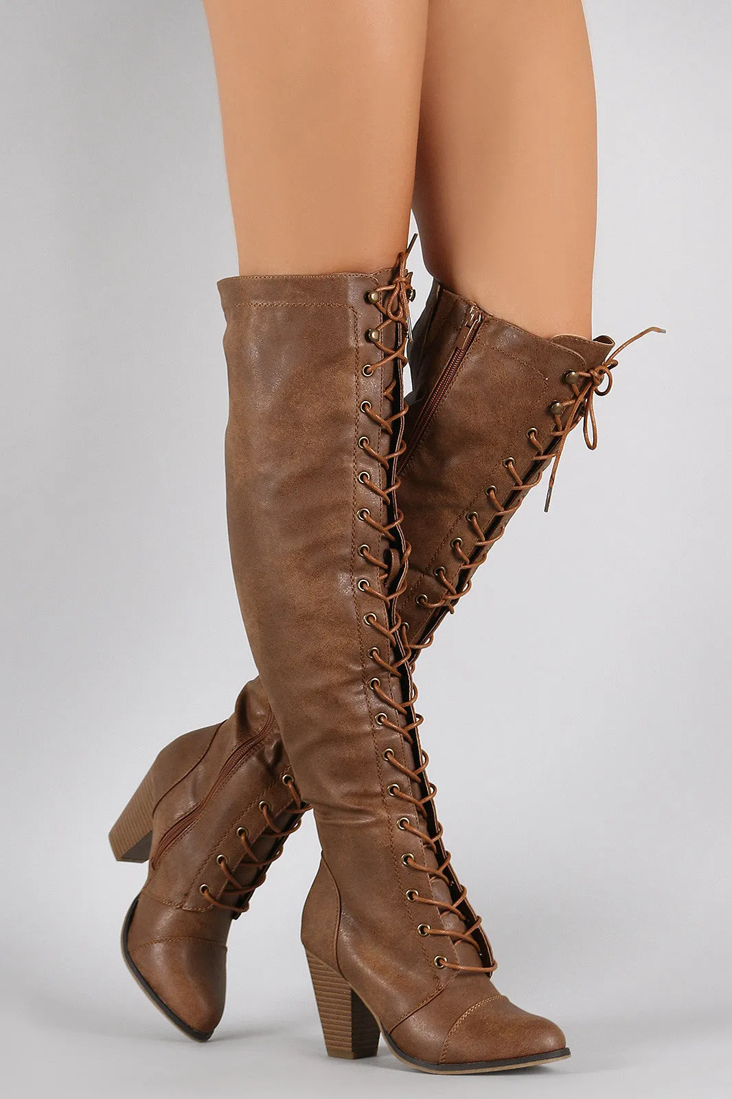 Almond Toe Lace Up Stacked Heeled Over-The-Knee Boots