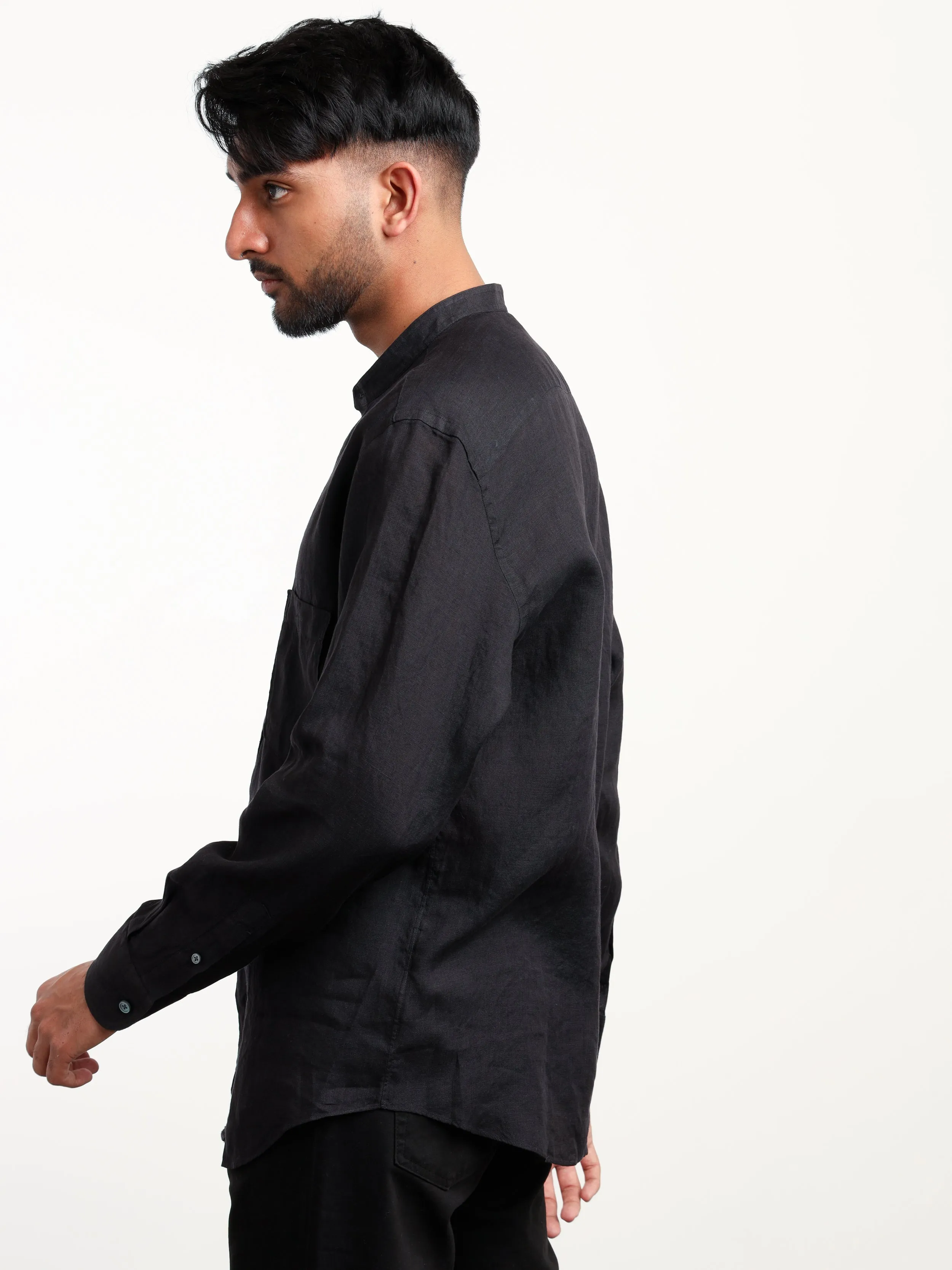 Black Linen Dress Shirt with Band Collar