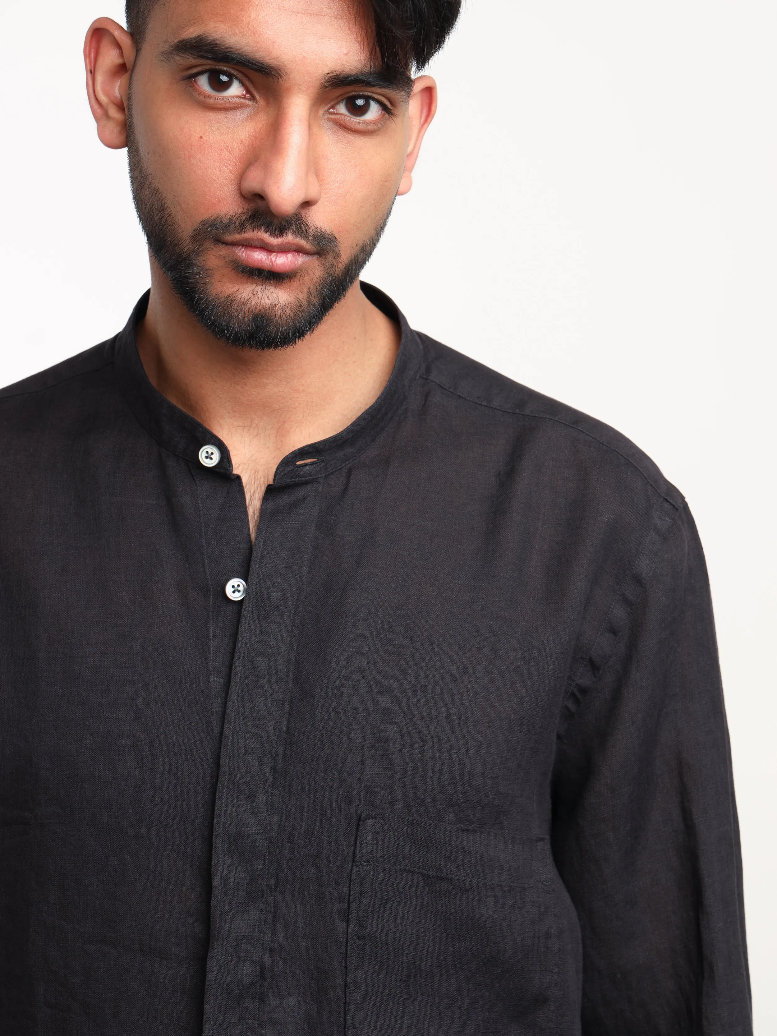 Black Linen Dress Shirt with Band Collar