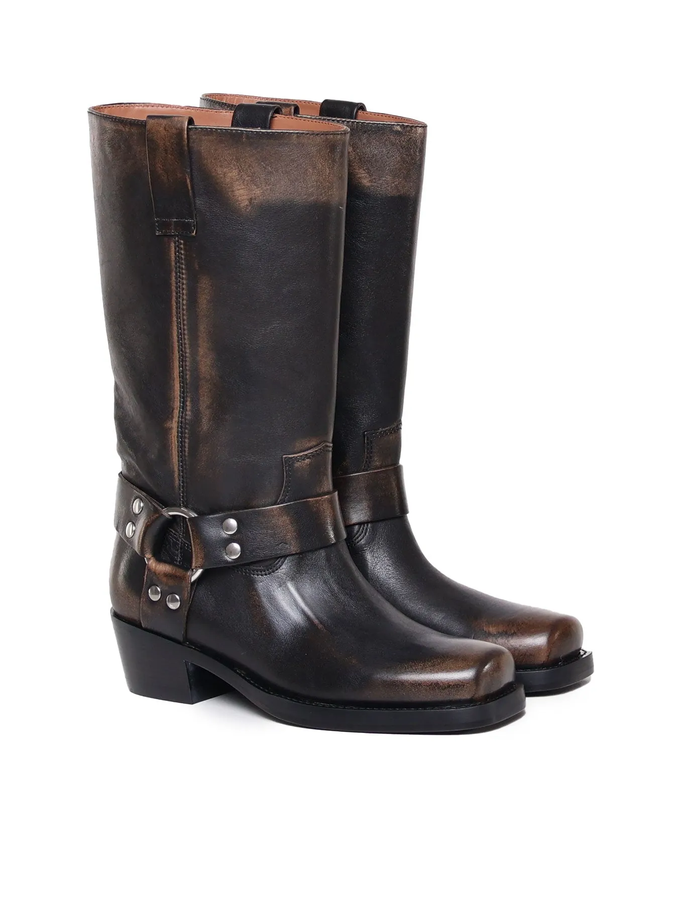 Brown and Black Leather Square Tip Boots