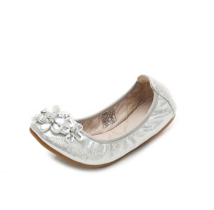 Child Round Toe  Rhinestone Flower Flat Loafers