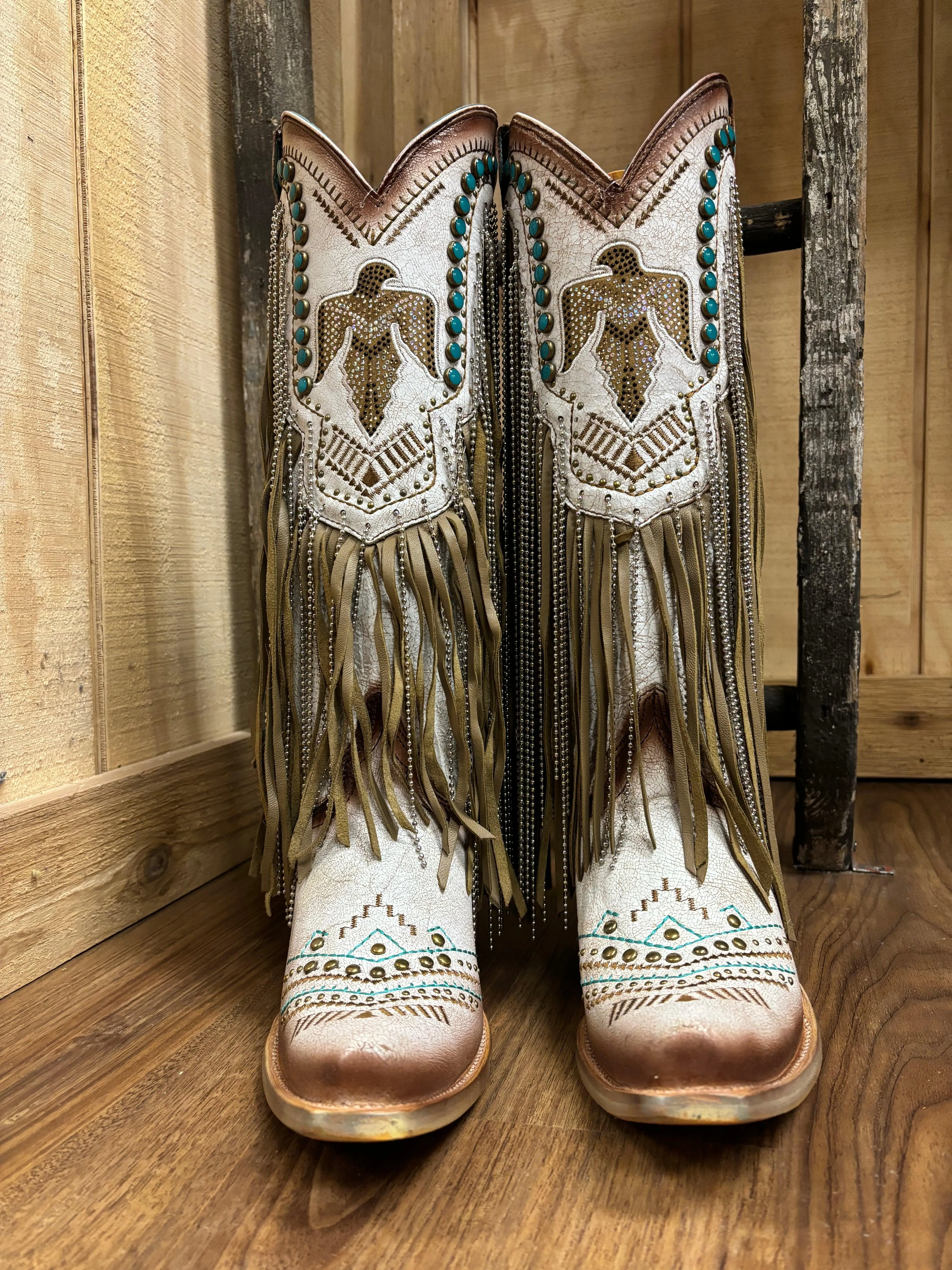 Corral Women's Beige Eagle Crystals & Studs Fringe Snip Toe Cowgirl Boots C4088