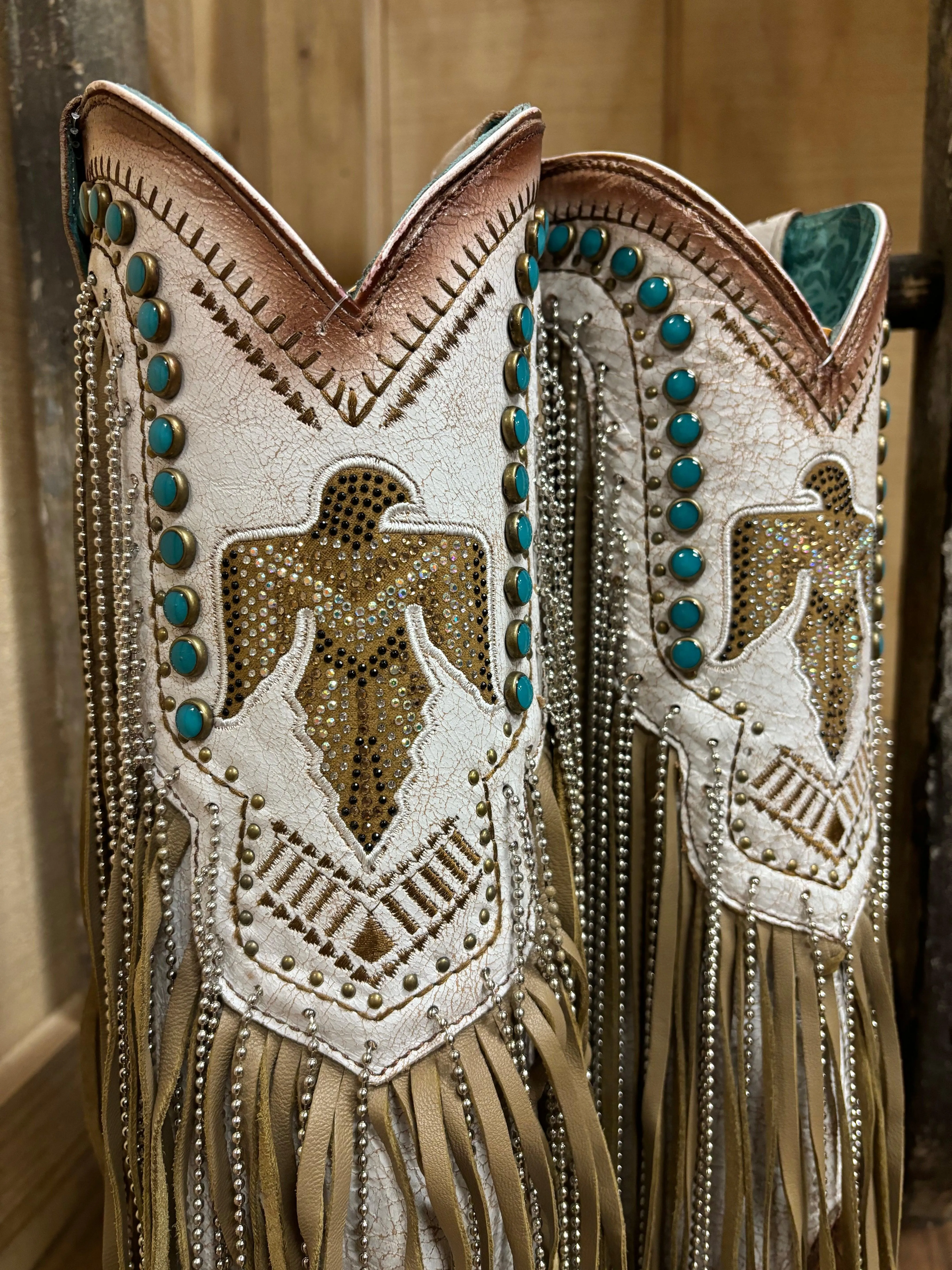 Corral Women's Beige Eagle Crystals & Studs Fringe Snip Toe Cowgirl Boots C4088