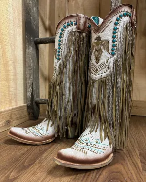 Corral Women's Beige Eagle Crystals & Studs Fringe Snip Toe Cowgirl Boots C4088