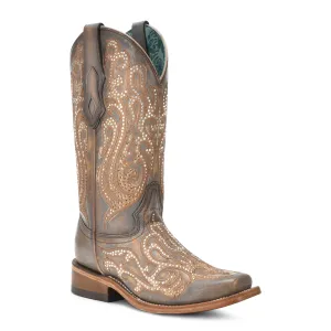 Corral Women's Distressed Grey-Honey Embroidery & Crystals Square Toe Western Boot