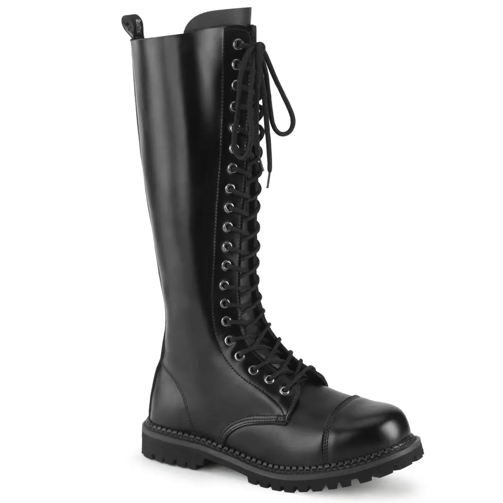 Demonia 20 Eyelet Black Leather Knee Boots