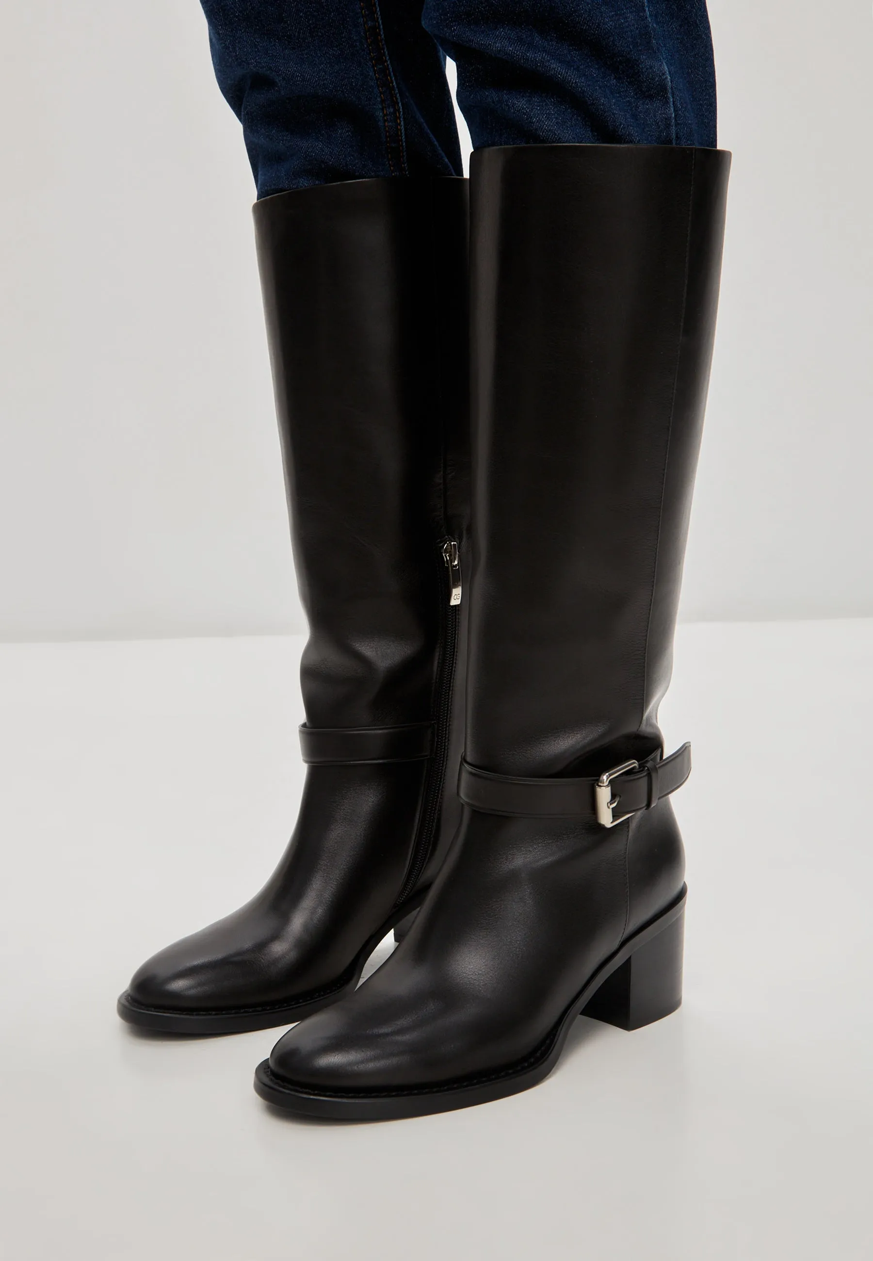 Leather Knee-High Block Heel Boots Beth - Black