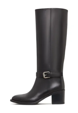 Leather Knee-High Block Heel Boots Beth - Black