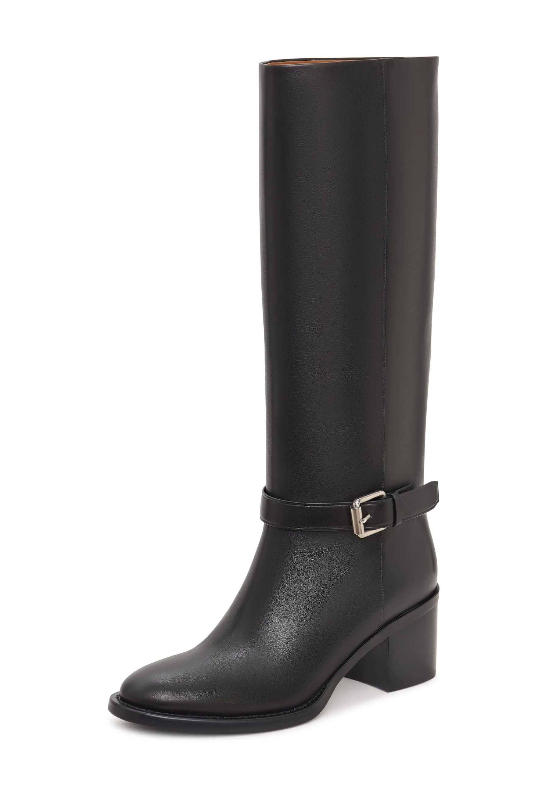 Leather Knee-High Block Heel Boots Beth - Black