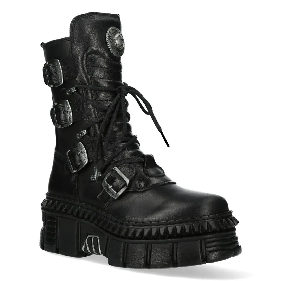 New Rock Boots Punk WALL373-S6 Unisex Metallic Black Leather Platform EMO