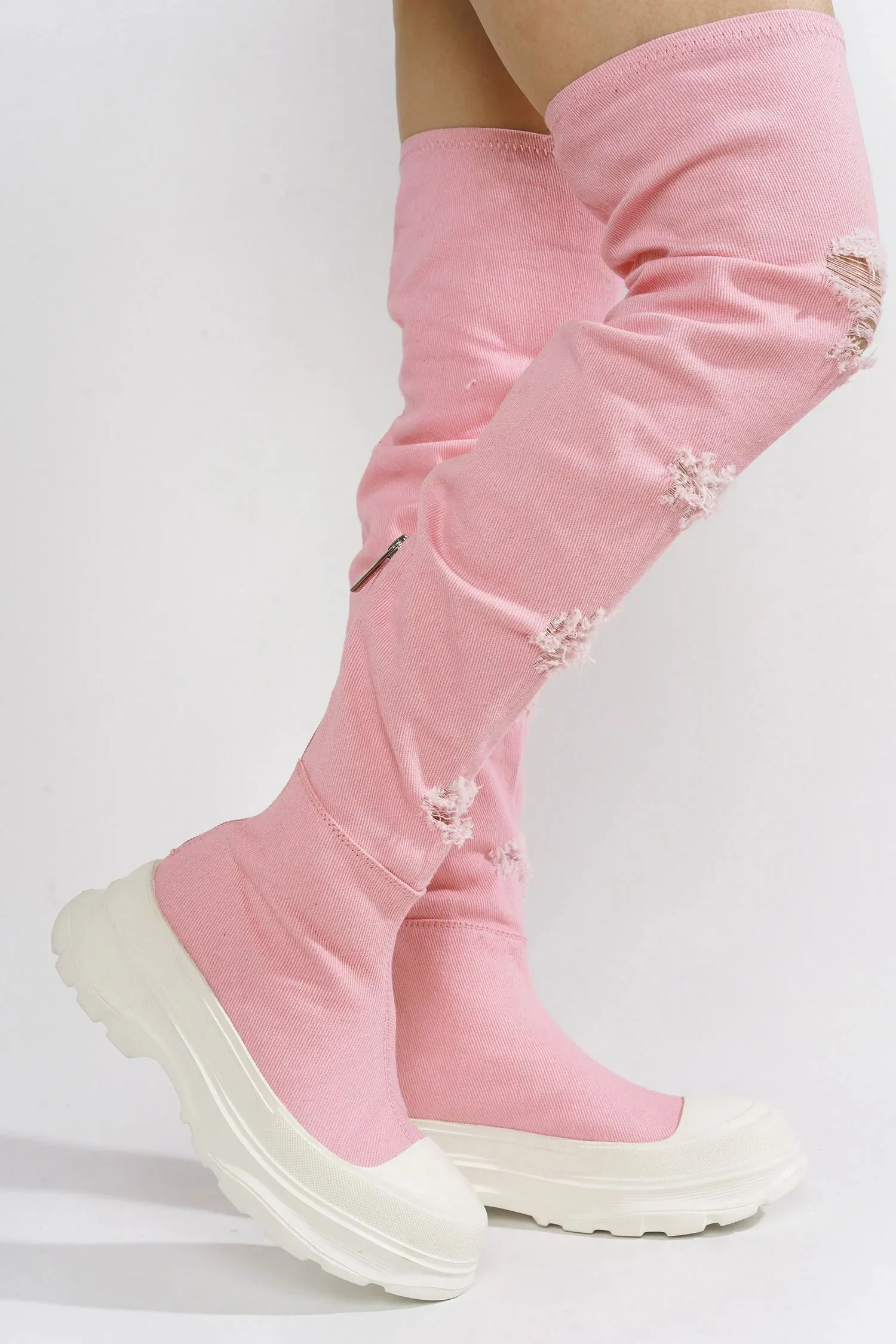 Pink Fashion Long Denim Boots