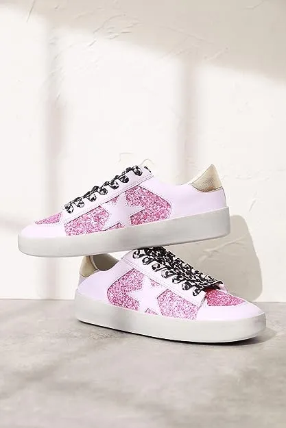 Pink Rubber Sole Lace-Up Glitter Leather Star