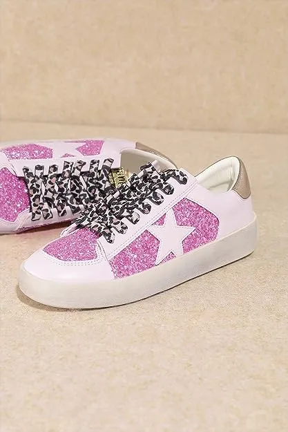 Pink Rubber Sole Lace-Up Glitter Leather Star