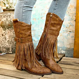 Retro Tassel Rivet Strap Buckle Cowgirl Boots