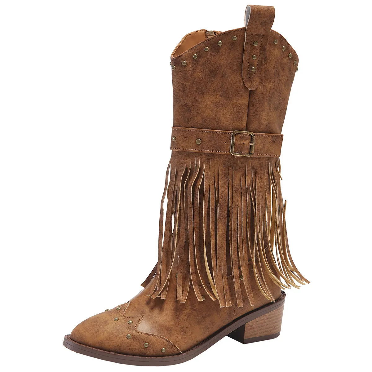 Retro Tassel Rivet Strap Buckle Cowgirl Boots