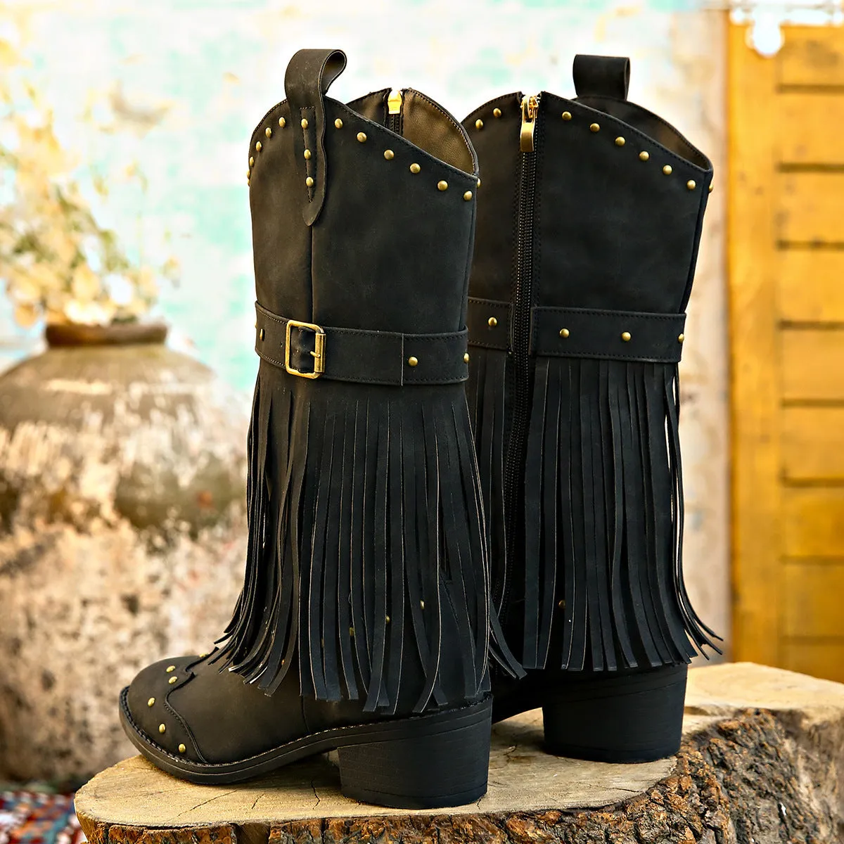 Retro Tassel Rivet Strap Buckle Cowgirl Boots