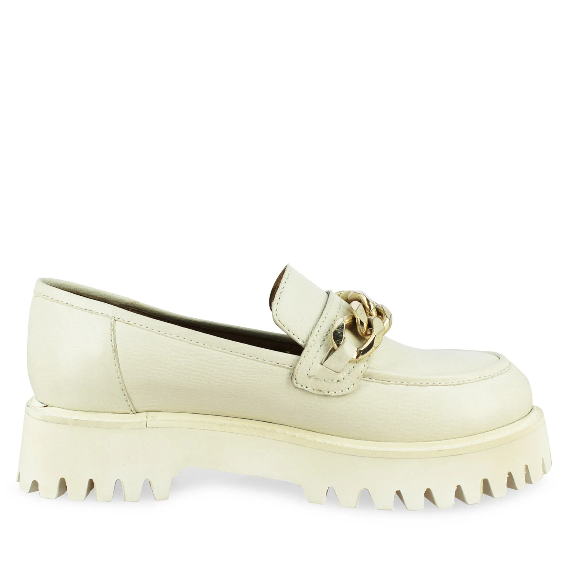 Saint Donna Gold Chain Embellished Off White Leather Moccasins