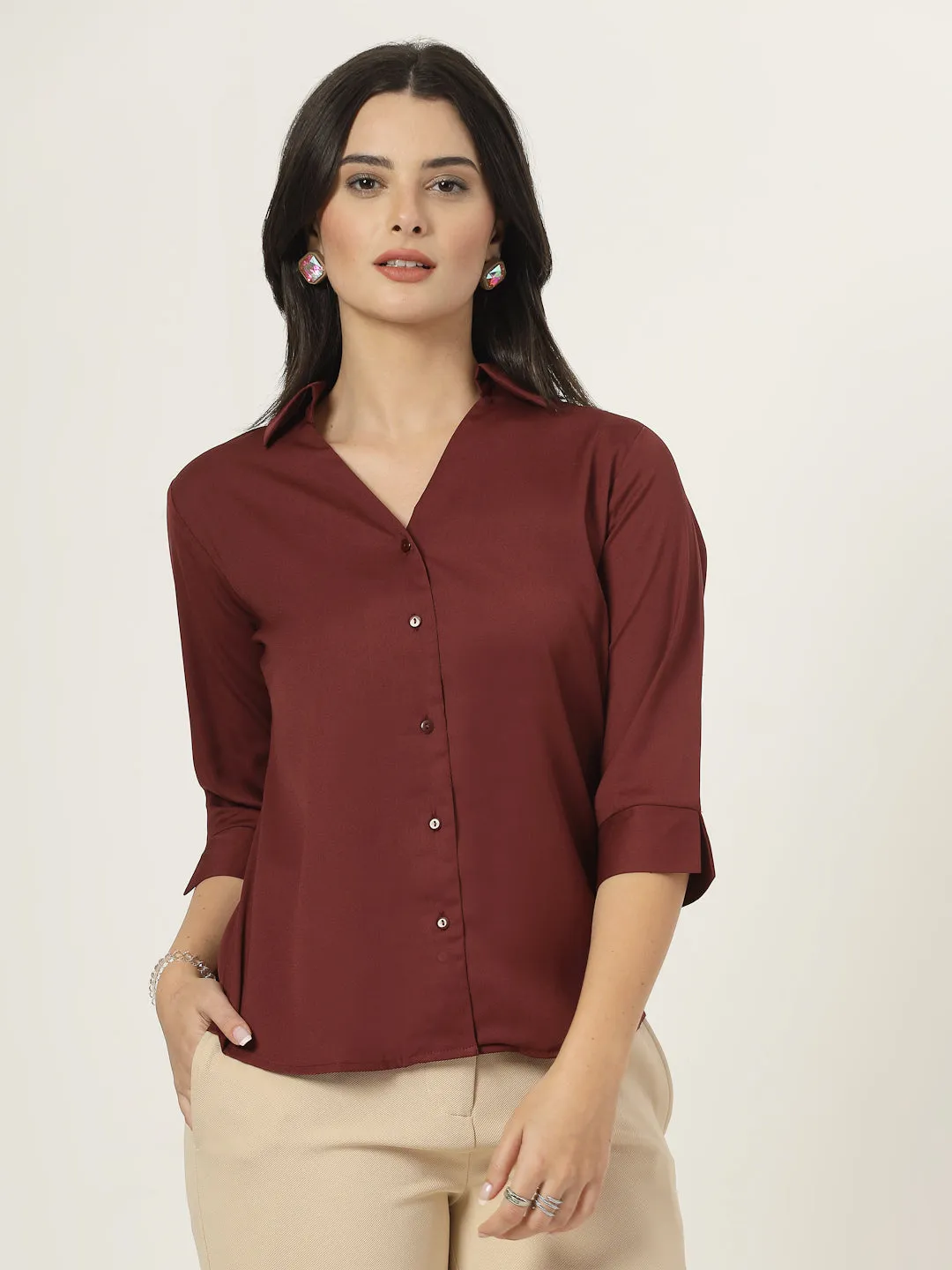 Style Quotient Women Solid Maroon Polymoss Formal Shirt