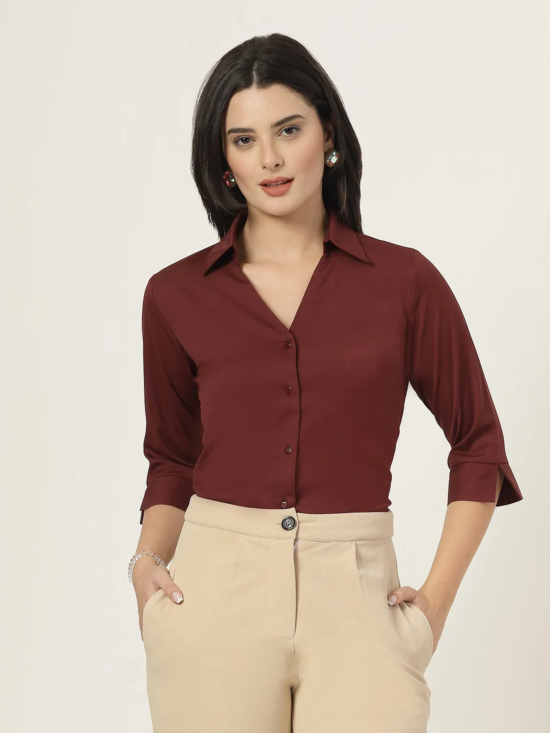 Style Quotient Women Solid Maroon Polymoss Formal Shirt