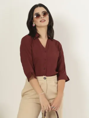 Style Quotient Women Solid Maroon Polymoss Formal Shirt