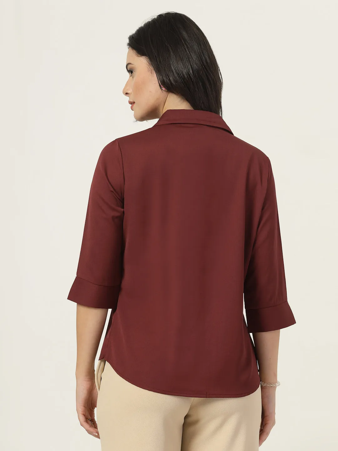 Style Quotient Women Solid Maroon Polymoss Formal Shirt