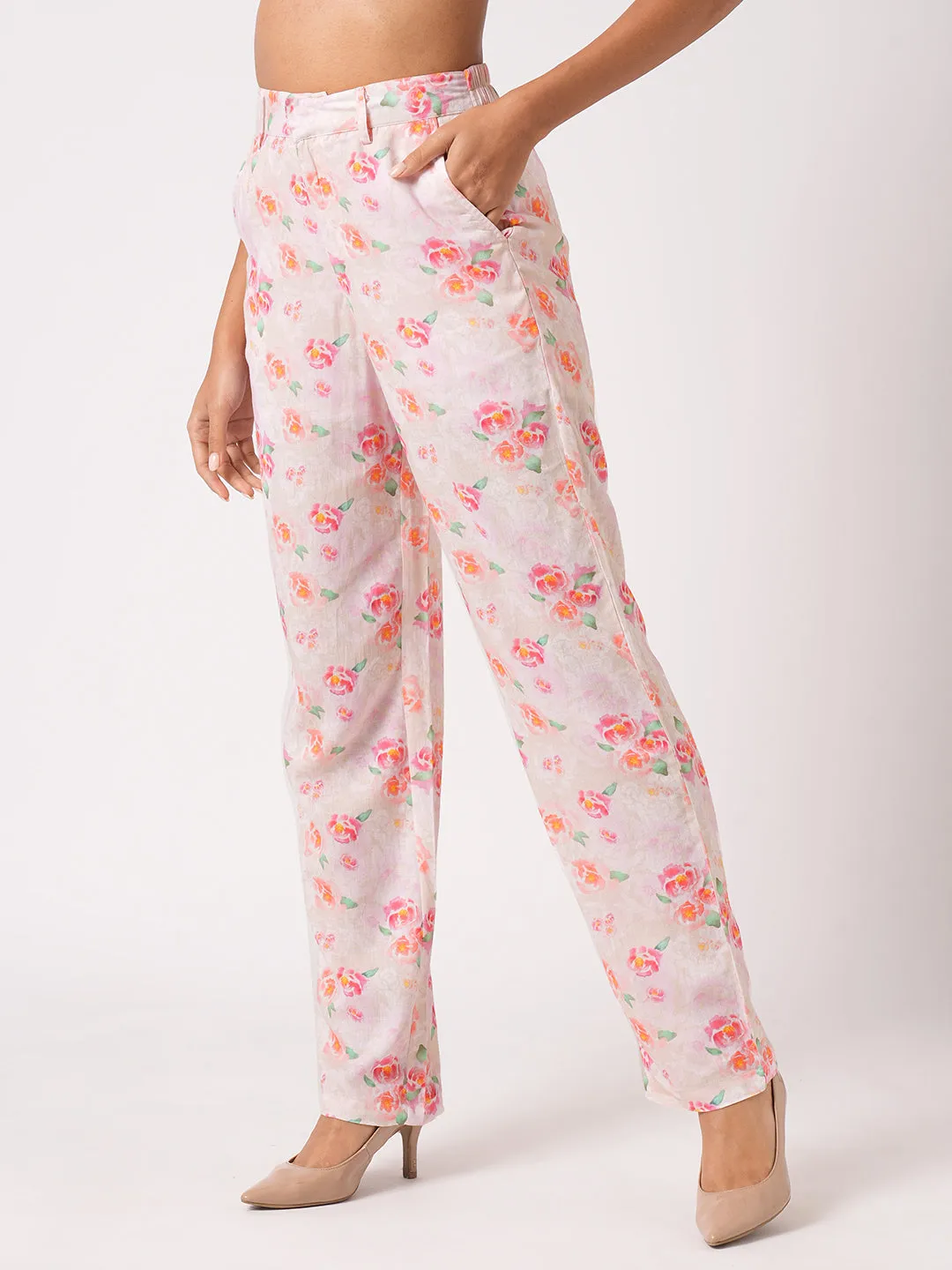 Women Soft Pink High-Rise Relaxed Straight Fit Pant