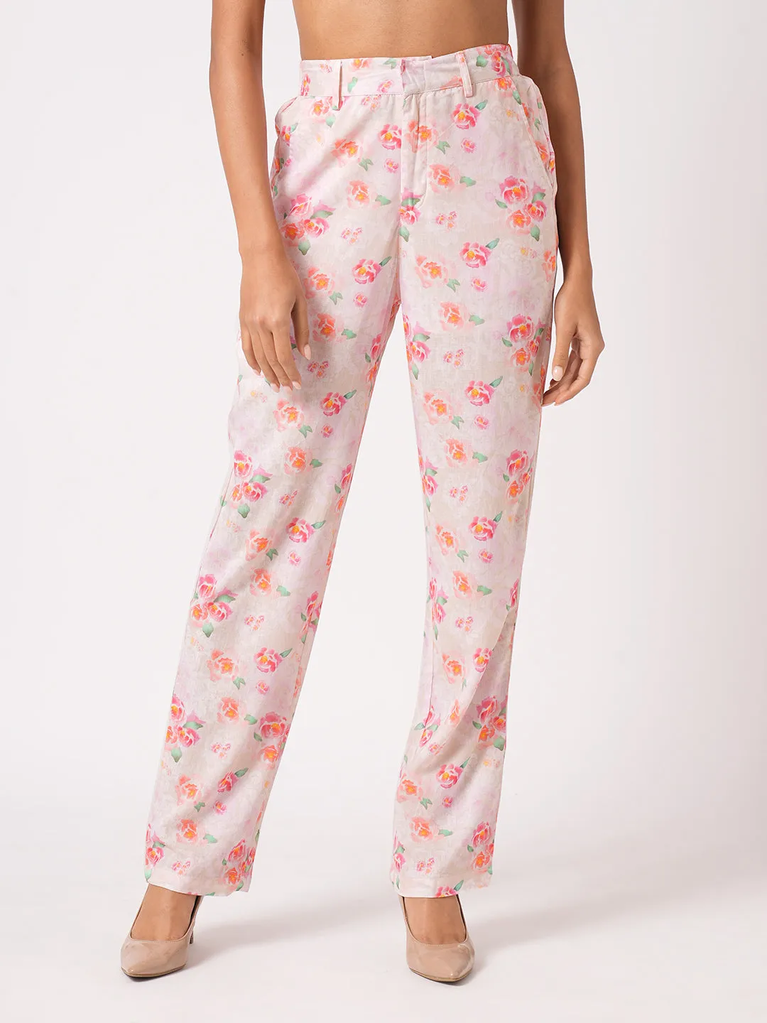 Women Soft Pink High-Rise Relaxed Straight Fit Pant