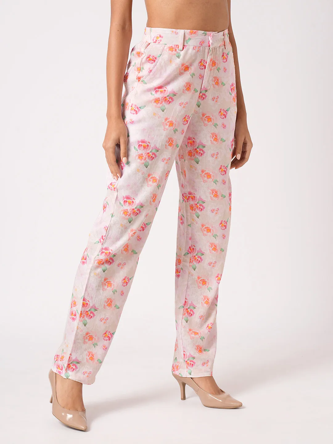 Women Soft Pink High-Rise Relaxed Straight Fit Pant