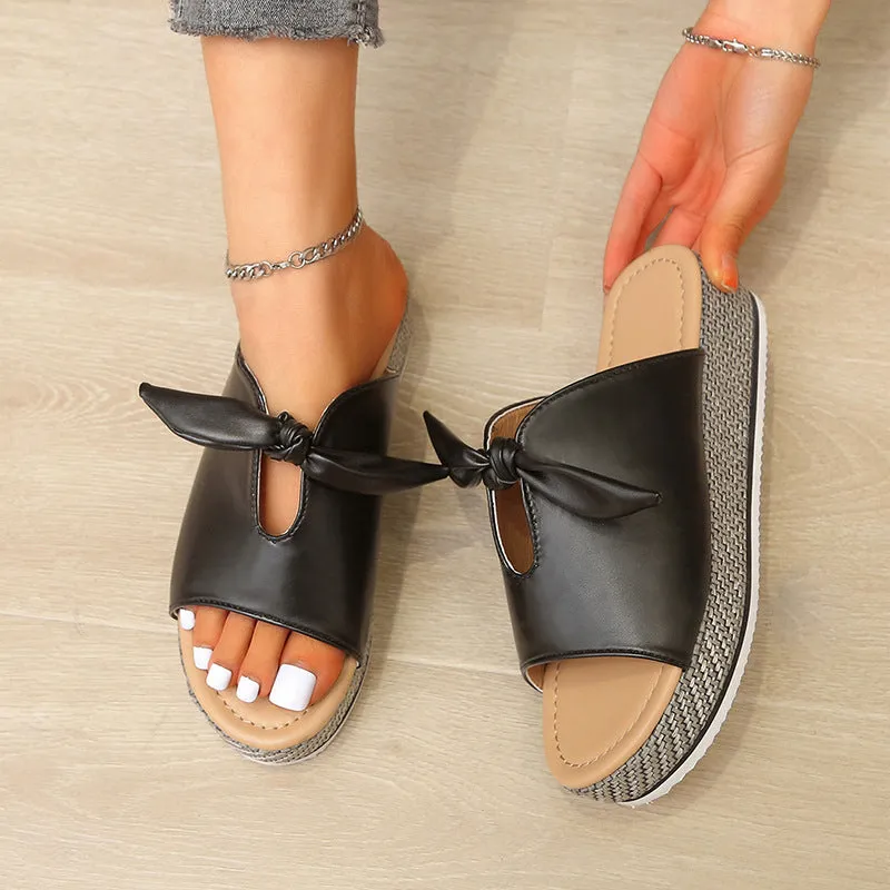 Womens Faux Leather Bow Platform Open Toe Wedge Sandals