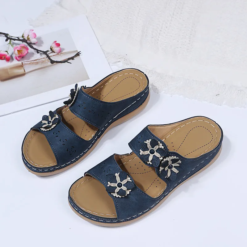 Womens Flower Flat Round Open Toes Wedge Casual Sandals