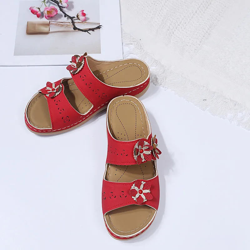 Womens Flower Flat Round Open Toes Wedge Casual Sandals